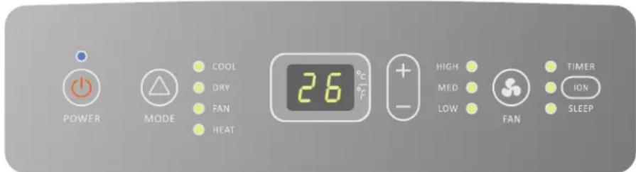POWER MODE COOL DRY FAN HEAT 26°C + - HIGH MED LOW FAN TIMER ION SLEEP