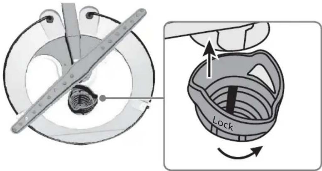 Diagram illustrating a mechanical locking mechanism with labeled parts including 'Lock' and a tool interacting with a circular component.