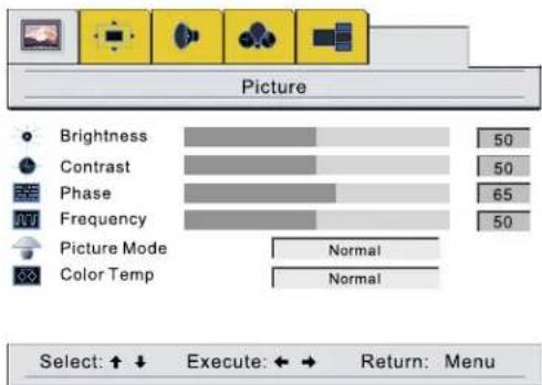 Picture Brightness Contrast Phase Frequency Picture Mode Color Temp Normal Normal 50 50 65 50 Select: ↑ ↓ Execute: ← → Return: Menu