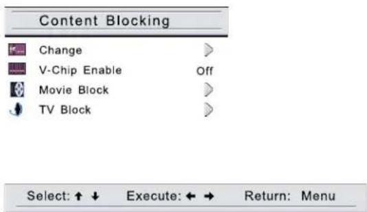 Content Blocking Change V-Chip Enable Off Movie Block TV Block Select: ↑ ↓ Execute: ← → Return: Menu
