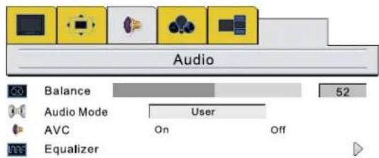 Audio Balance 52 Audio Mode User AVC On Off Equalizer