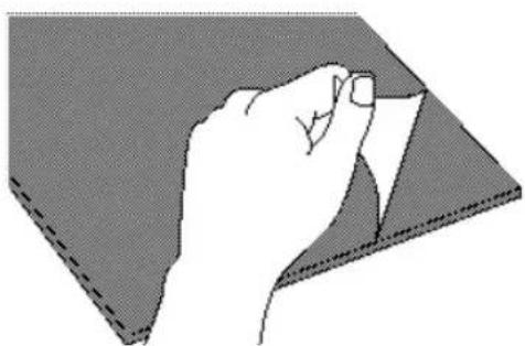 Illustration of a hand holding a piece of paper or tape, partially visible against a textured gray background (no text or symbols)