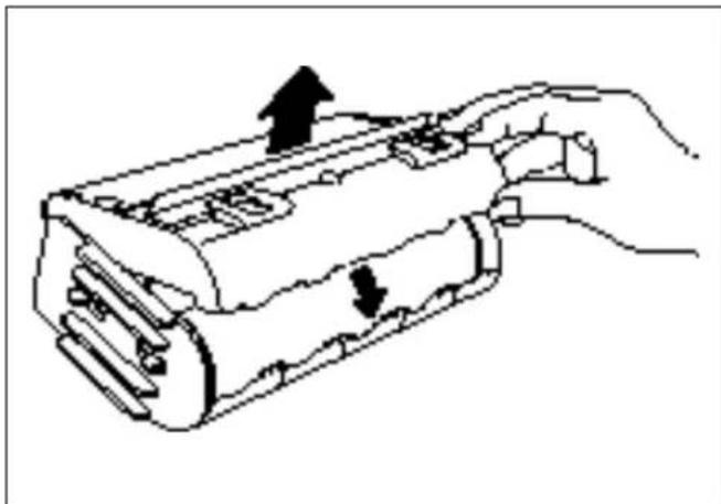 Line drawing of a hand holding a battery pack with arrows indicating direction (no text or symbols)