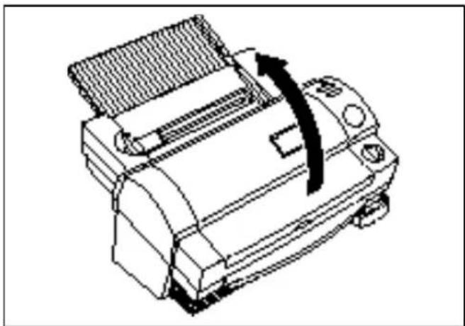 Technical line drawing of a mechanical device with a black arrow indicating rotation or movement (no text or symbols)