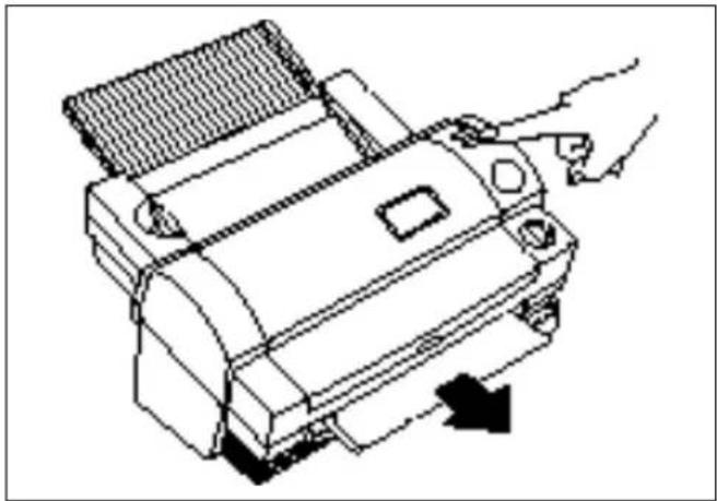 Line drawing of a printer with a hand operating it, showing no text or symbols