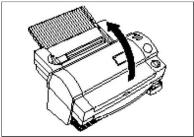 Technical line drawing of a mechanical device with a curved arrow indicating motion or force (no text or symbols)