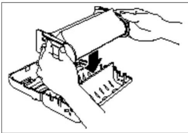 Line drawing of a hand operating a mechanical device with a downward arrow indicating motion (no text or symbols)