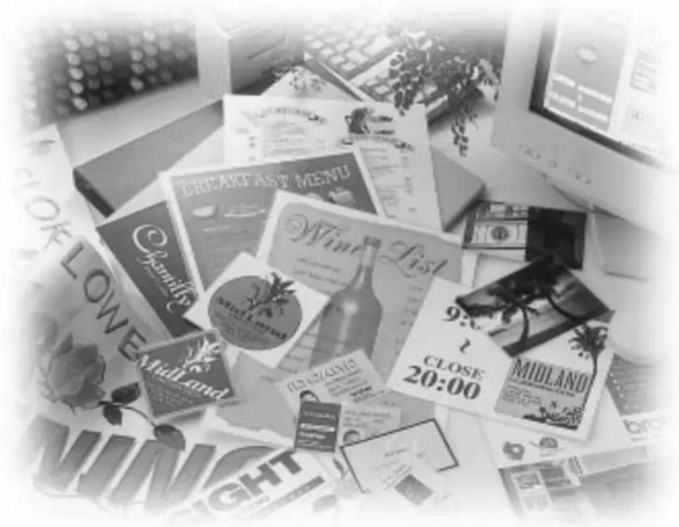 Black-and-white photo of scattered consumer electronics and promotional materials including Midland, Breakfast Menu, and Midland 20:00