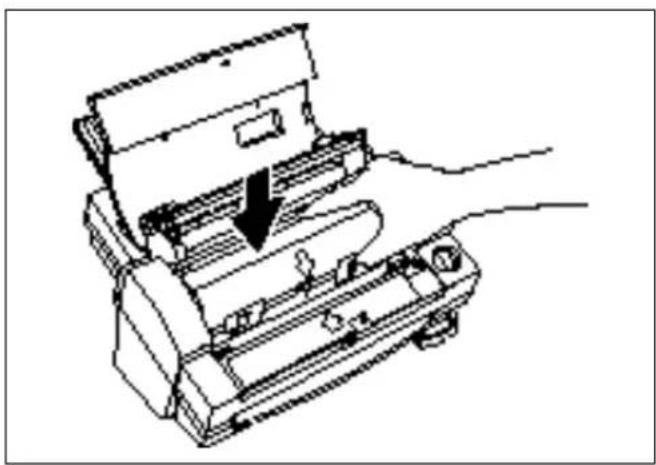 Line drawing of a printer or printer with a hand inserting a paper into it, showing internal components and a downward arrow (no text or symbols)