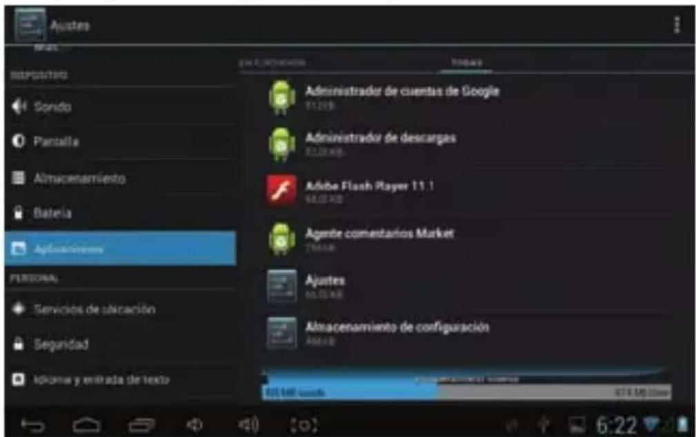 Ajustes MAYL SOPACITO Sondo Pantalla Almacenamiento Batrela Aplicaciones FESIONAL Servicios de ubicación Seguridad Idicina y entrada de texto Administrador de cuentas de Google Administrador de descargas Adobe Flash Player 11.1 Agente comentarios Market Ajustes Almacenamiento de configuración 6:22