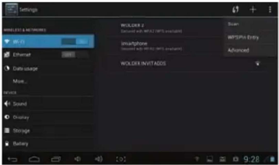 Settings WIRELESS & NETRORES Wi-Fi Ethernet Data usage More... Never Sound Display Storage Battery WOLDER 2 Excluded with WPSI2 (WPSI2 available) Smartphone Excluded with WPSI2 (WPSI2 available) WOLDER INVITADOS Scan WPSPIN Entry Advanced [0] 9:28