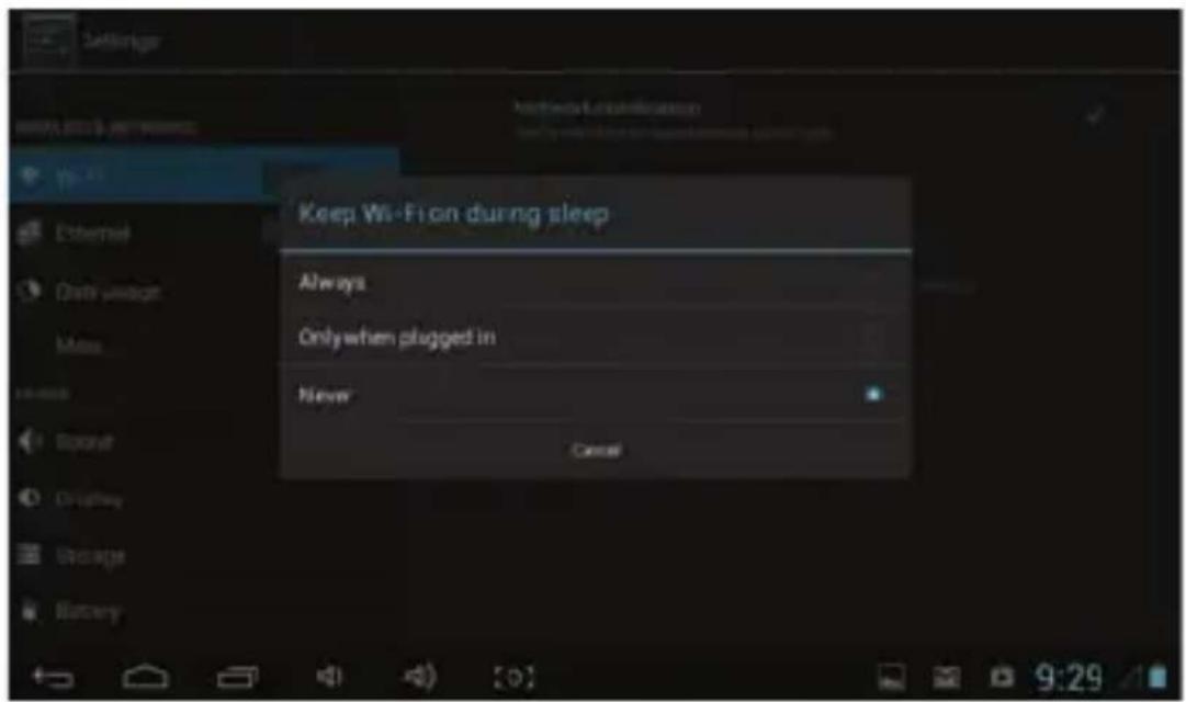 Settings Internet configuration Only when plugged in Keep Wi-Fi on during sleep Always Only when plugged in Never Cancel
