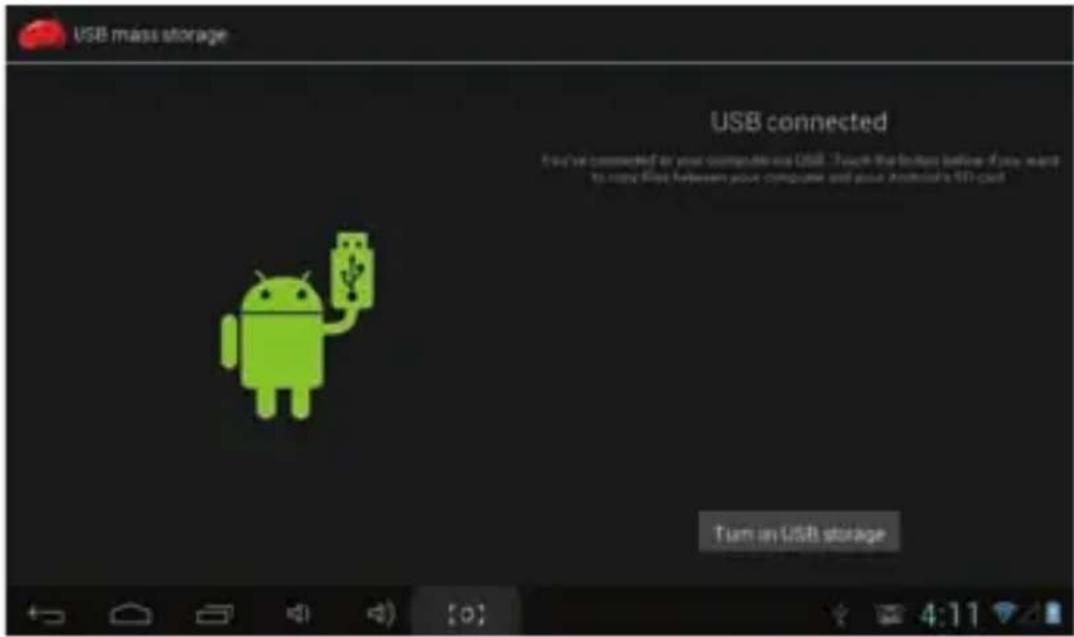 USB mass storage USB connected You've connected to your computer via USB - Touch the button before if you want to copy files between your computer and your Android's 100-bit Turn on USB storage