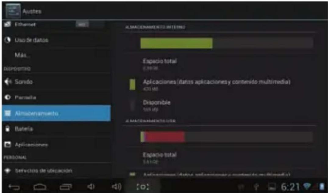 Ajustes Ethernet Uso de datos Más paspidemio Sondo Pantella Almazenamento Bateria Aplicaciones PERSONAL Servicios de ubicación ALMACENAMIENTO INTERNOS Espacio total 2.3976 Aplicaciones (datos aplicaciones y conversido multimedia) 420 MB Disponible 558 kg ALMACENAMIENTO USA Espacio total 5.1120 Aplicaciones (datos aplicaciones y conversido multimedia)