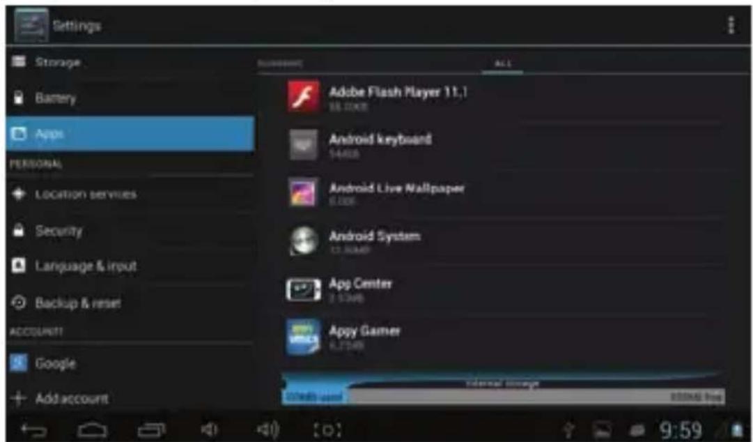 Settings Storage Battery Apps PERSONAL Location services Security Language & input Backup & reset ACCOUNT Google Add account Adobe Flash Player 11.1 86.2008 Android keyboard 54403 Android Live Wallpaper 6.000 Android System CT ROAD App Center 2.5748 Appy Gamer 6.7748 Internal storage 8:00:00:00:00 9:59