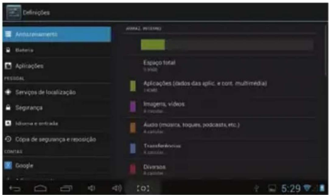 Definições Antearenamento Bateria Aplicações FESIDUAL Serviços de localização Segurança Idioma e entrada Cópa de segurança e reposição contas Google ARMA2. INTERNÉS Espaço total 5 PAGA Aplicações (dados das aplic. e cont. multimédia) HOME Imagera, vídeos á cópita Audio (música, toques, podcasts, etc.) á capitás Transferências á capitás Diversos á capitás