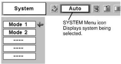 System Mode 1 Mode 2 ---- ---- ---- - Auto SYSTEM Menu icon Displays system being selected.