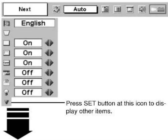 Next Auto English On On On Off Off Off Press SET button at this icon to display other items.