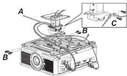 Technical diagram of an optical or mechanical device with labeled components A, B, and C, showing wiring and assembly.