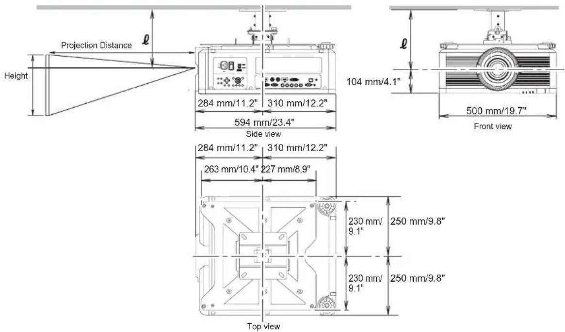 Projection Distance Height 284 mm/11.2" 310 mm/12.2" 594 mm/23.4" Side view 104 mm/4.1" 500 mm/19.7" Front view 284 mm/11.2" 310 mm/12.2" 263 mm/10.4" 227 mm/8.9" 230 mm/ 9.1" 250 mm/9.8" 230 mm/ 9.1" 250 mm/9.8" Top view