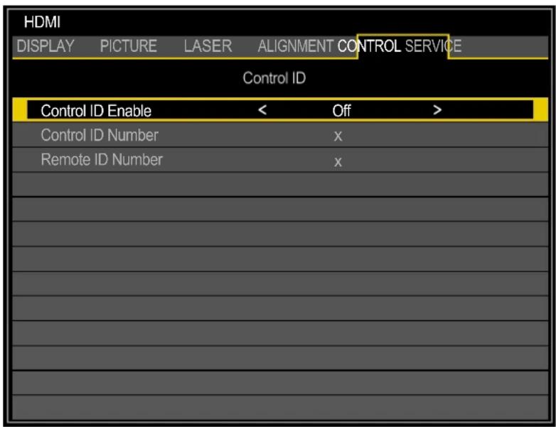 HDMI DISPLAY PICTURE LASER ALIGNMENT CONTROL SERVICE Control ID Control ID Enable < Off > Control ID Number x Remote ID Number x
