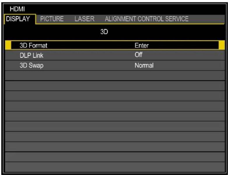 HDMI DISPLAY PICTURE LASER ALIGNMENT CONTROL SERVICE 3D 3D Format Enter DLP Link Off 3D Swap Normal