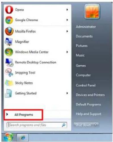 Opera Google Chrome Mozilla Firefox Magnifier Windows Media Center Remote Desktop Connection Snipping Tool Sticky Notes Getting Started All Programs Search programs and files Administrator Documents Pictures Music Games Computer Control Panel Devices and Printers Default Programs Help and Support Shut down