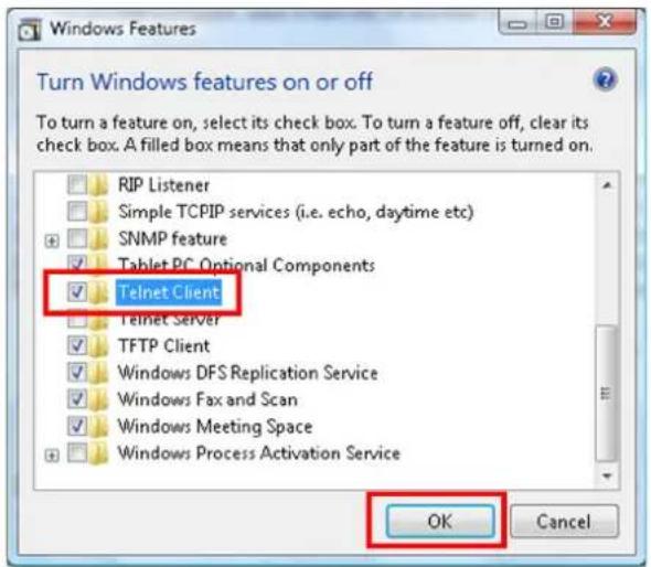 Turn Windows features on or off To turn a feature on, select its check box. To turn a feature off, clear its check box. A filled box means that only part of the feature is turned on. RIP Listener Simple TCPIP services (i.e. echo, daytime etc) SNMP feature Tablet PC Optional Components Telnet Client Telnet Server TFTP Client Windows DFS Replication Service Windows Fax and Scan Windows Meeting Space Windows Process Activation Service OK Cancel