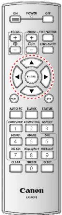 ON POWER OFF FOCUS + ZOOM TEST PATTERN + - O LENS-SHIFT - ENTER HOME EXIT AUTO PC BLANK STATUS COMPUTER1 COMPUTER2 ASPECT 1 2 3 HDMI1 HDMI2 DVI 4 5 6 3G-SDI DisplayPort HDBaseT 7 8 9 CLEAR FREEZE ID SET 0 Canon LX-RC01