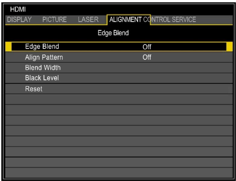 HDMI DISPLAY PICTURE LASER ALIGNMENT CONTROL SERVICE Edge Blend Edge Blend Off Align Pattern Off Blend Width Black Level Reset