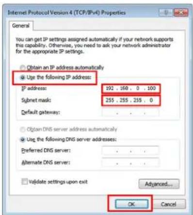 Internet Protocol Version 4 (TCP/IP+4) Properties General You can get IP settings assigned automatically if your network supports this capability. Otherwise, you need to ask your network administrator for the appropriate IP settings. Obtain an IP address automatically Use the following IP address: IP address: 192 . 168 . 0 . 100 Subnet mask: 255 . 255 . 255 . 0 Default gateway: Obtain DNS server address automatically Use the following DNS server addresses: Preferred DNS server: . Alternate DNS server: . Validate settings upon exit Advanced... OK Cancel