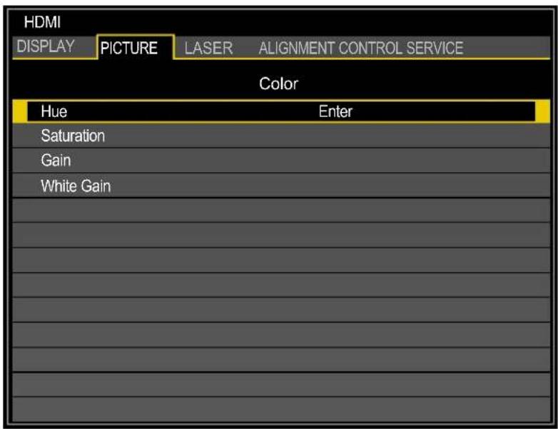 HDMI DISPLAY PICTURE LASER ALIGNMENT CONTROL SERVICE Color Hue Enter Saturation Gain White Gain