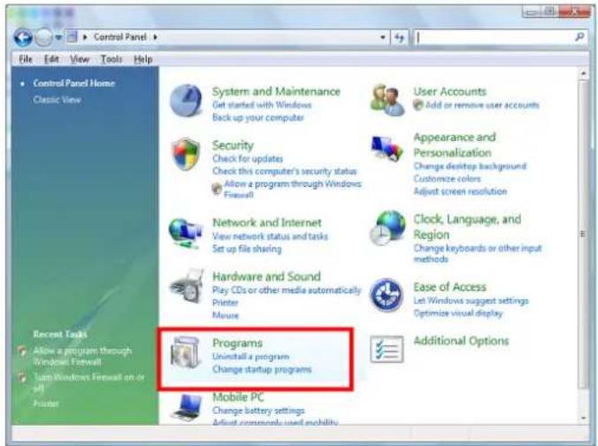 Control Panel Home Classic View System and Maintenance Get started with Windows Back up your computer User Accounts Add or remove user accounts Security Check for updates Check this computer's security status Allow a program through Windows Firewall Appearance and Personalization Change desktop background Customize colors Adjust screen resolution Network and Internet View network status and tasks Set up file sharing Clock, Language, and Region Change keyboards or other input methods Hardware and Sound Play CDs or other media automatically Printer Ease of Access Let Windows suggest settings Optimize visual display Mouse Ease of Access Let Windows suggest settings Optimize visual display Programs Uninstall a program Change startup programs Mobile PC Change battery settings Adjust commands used mobility