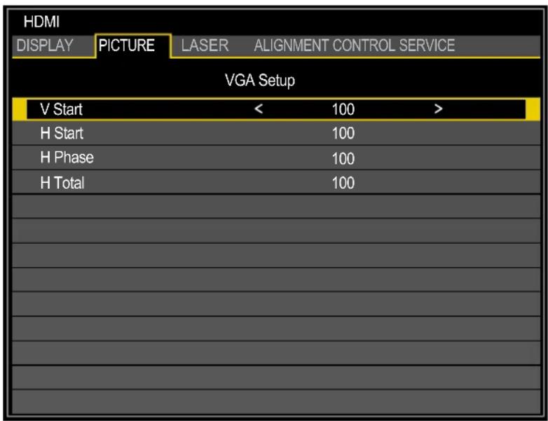 HDMI DISPLAY PICTURE LASER ALIGNMENT CONTROL SERVICE VGA Setup V Start < 100 > H Start 100 H Phase 100 H Total 100