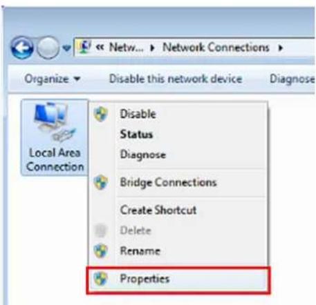 Local Area Connection Disable this network device Status Diagnose Bridge Connections Create Shortcut Delete Rename Properties