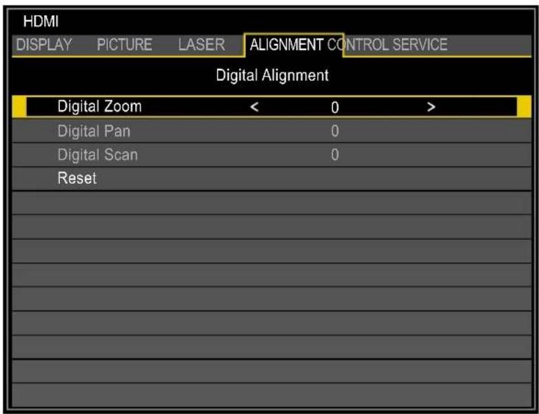 HDMI DISPLAY PICTURE LASER ALIGNMENT CONTROL SERVICE Digital Alignment Digital Zoom < 0 > Digital Pan 0 Digital Scan 0 Reset