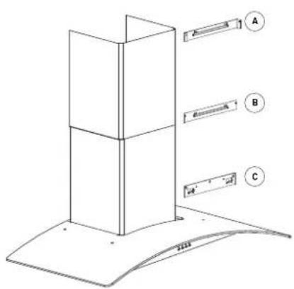 Technical diagram of a vertical shelf with labeled components A, B, and C, showing structural layout and mounting base.