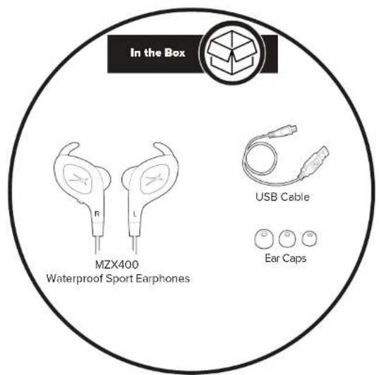 In the Box MZX400 Waterproof Sport Earphones USB Cable Ear Caps