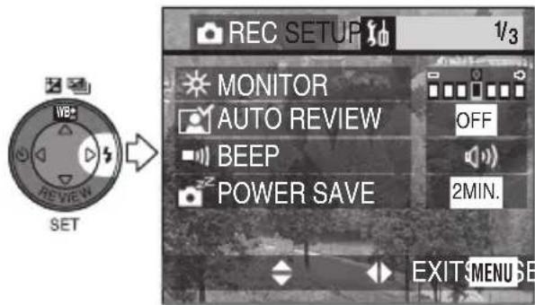 REC SETUP 1/3 MONITOR AUTO REVIEW OFF BEEP 2MIN. POWER SAVE EXIT MENU GE