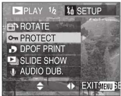 PLAY 1/2 SETUP ROTATE PROTECT DPOF PRINT SLIDE SHOW AUDIO DUB. EXIT MENU SE