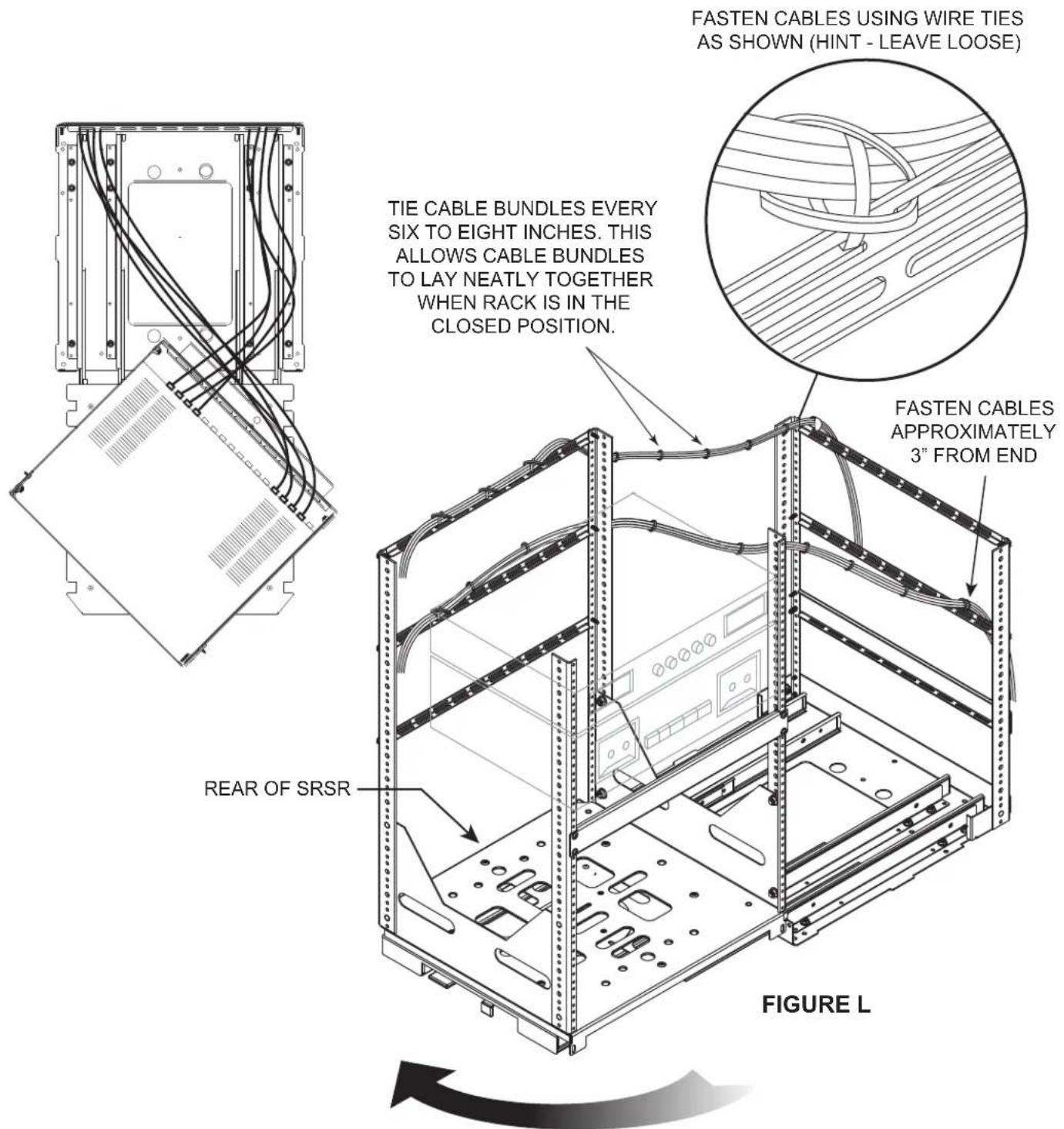 FASTEN CABLES USING WIRE TIES AS SHOWN (HINT - LEAVE LOOSE) TIE CABLE BUNDLES EVERY SIX TO EIGHT INCHES. THIS ALLows CABLE BUNDLES TO LAY NEATLY TOGETHER WHEN RACK IS IN THE CLOSED POSITION. FASTEN CABLES APPROXIMATELY 3" FROM END REAR OF SRSR FIGURE L
