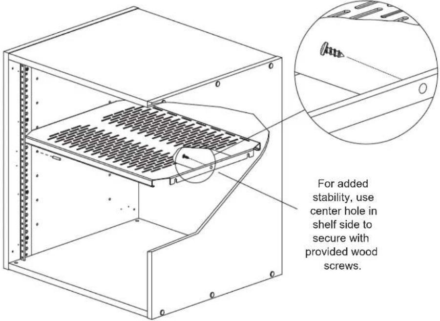 For added stability, use center hole in shelf side to secure with provided wood screws.