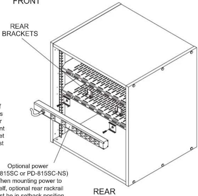FRONT REAR BRACKETS Optional power (815SC or PD-815SC-NS) when mounting power to self, optional rear rackrail st be in setback position REAR