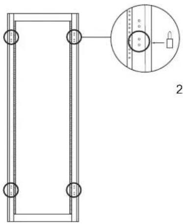 Technical diagram showing a rectangular frame with circular components and an inset magnified view of a vertical scale with a lock icon.