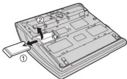 Diagram of a device with labeled components, showing a component being inserted into a base panel.