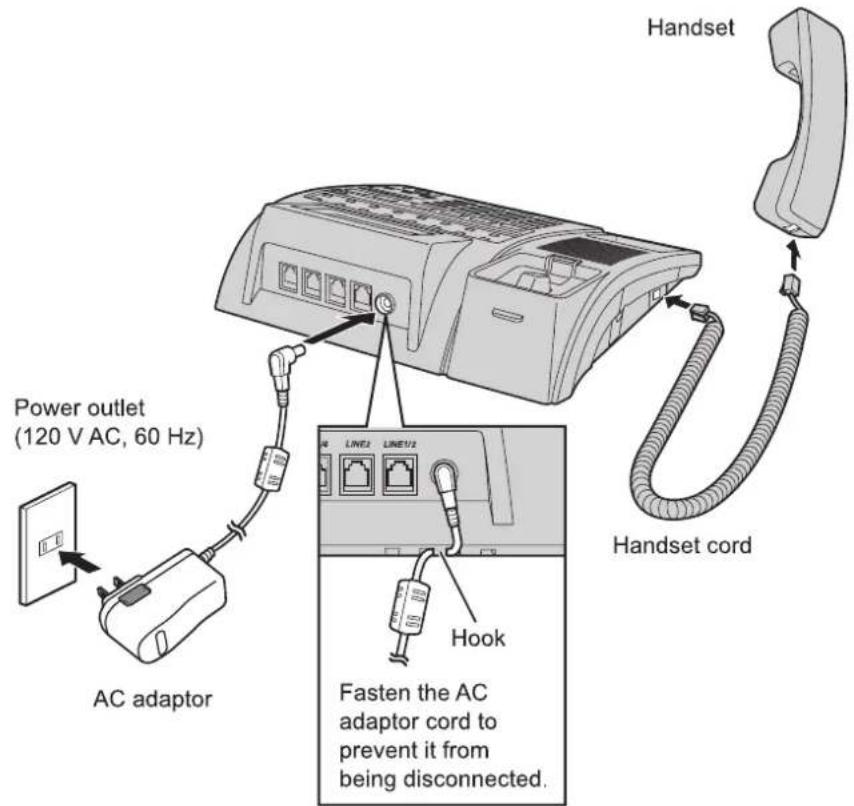 Handset Power outlet (120 V AC, 60 Hz) AC adaptor Handset cord Hook Fasten the AC adaptor cord to prevent it from being disconnected.
