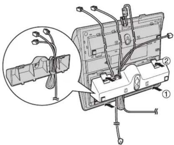 Technical diagram showing cable installation and component assembly with labeled parts ① and ②