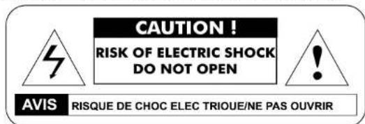 CAUTION ! RISK OF ELECTRIC SHOCK DO NOT OPEN AVIS RISQUE DE CHOC ELEC TRIQUE/NE PAS OUVRIR
