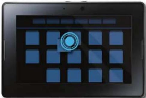 Tablet displaying a grid of blue squares with a central blue circle and a glowing blue ring (no text or symbols visible)