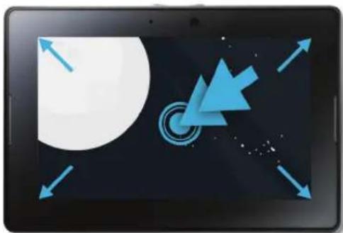 Tablet displaying a white circular shape with blue directional arrows and a target symbol on a dark background (no text or symbols)